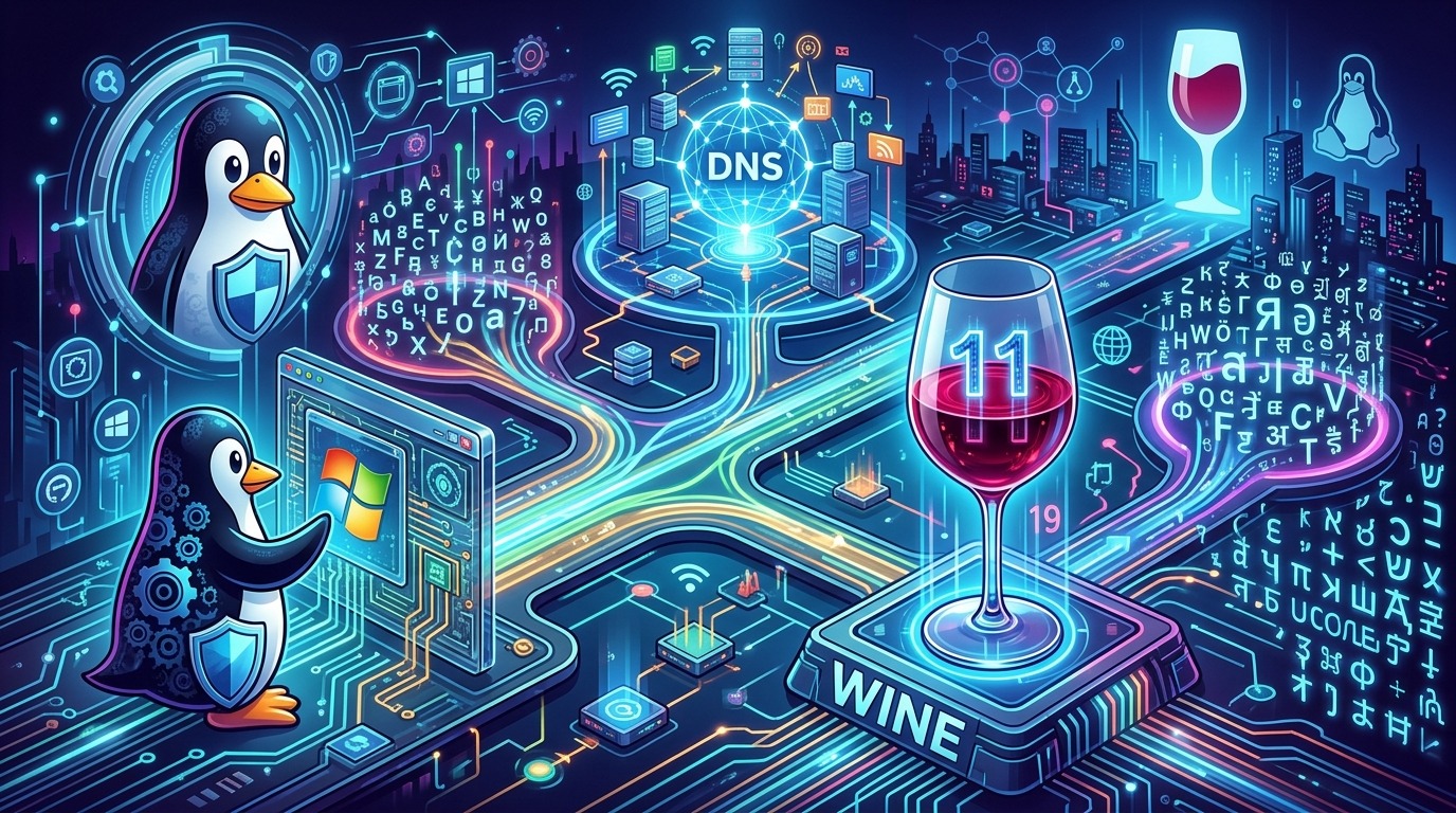 Tux the Linux penguin with wine glass on Windows 11, symbolizing WINE.